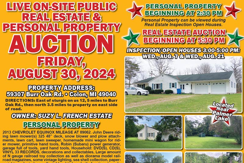Live On-Site Public Auction: Personal Property & Real Estate in Colon, Michigan on August 30, 2024