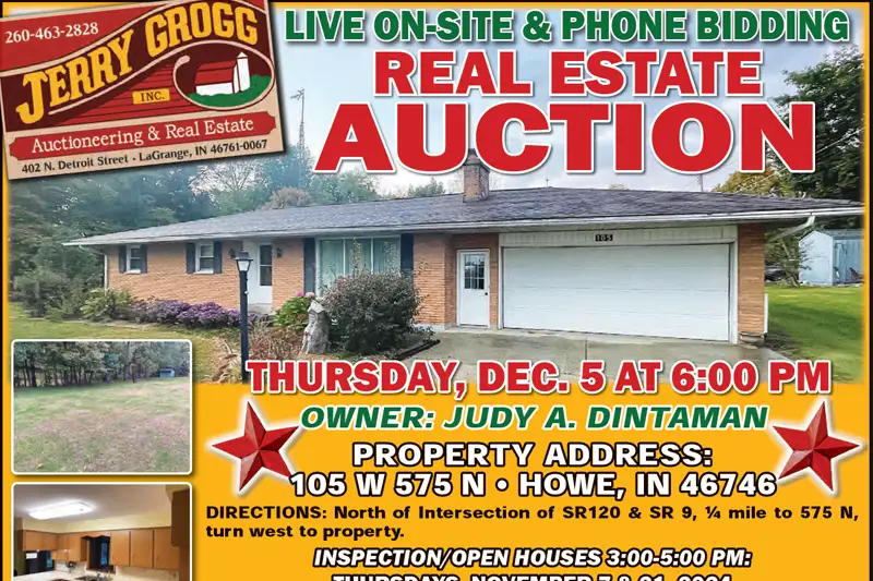 Real estate auction for property in Howe, Indiana on Dec. 5, 2024