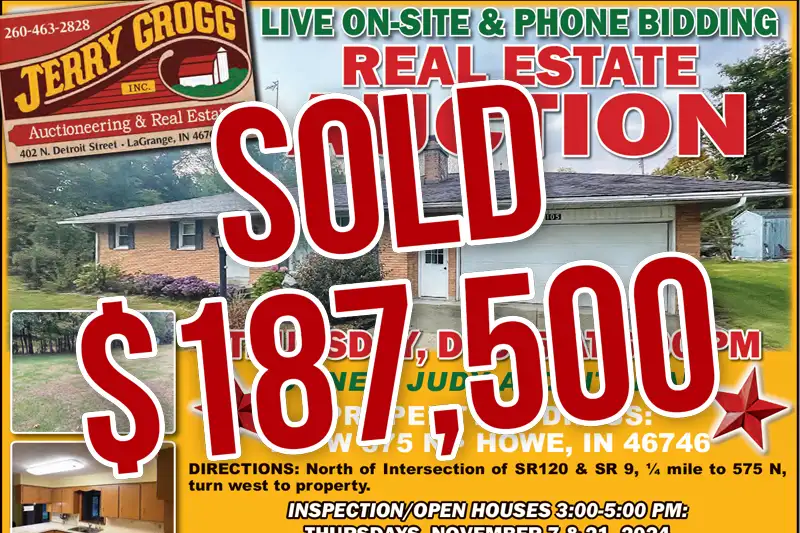 SOLD for $187.5K: Real estate auction flyer for property in Howe, Indiana on Dec. 5, 2024