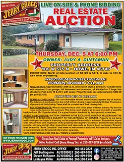 Real estate auction flyer for property in Howe, Indiana on Dec. 5, 2024